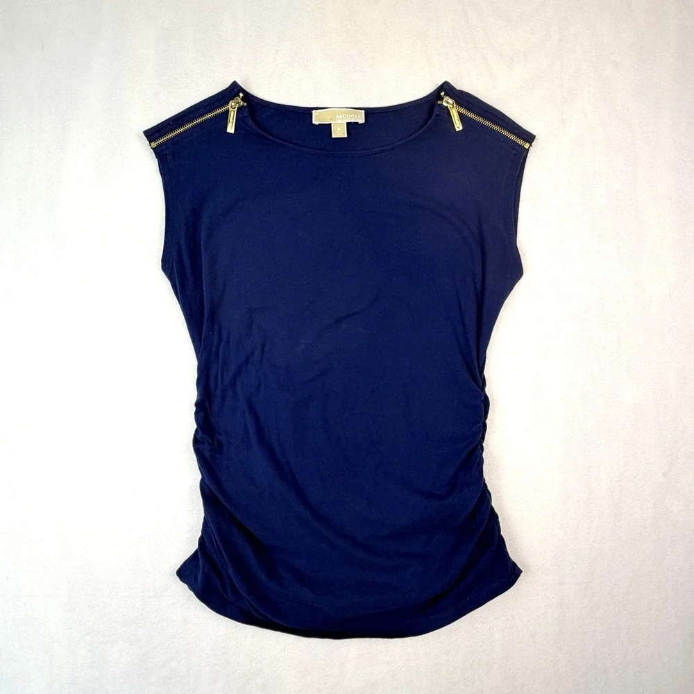 Michael Kors Shirt Womens Medium Navy Gold Shoulder Zipper Rouched Sleeveless